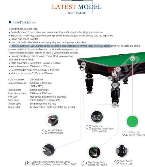 9FT Slate Pool Table Red Felt With Free Accessories - Image 3