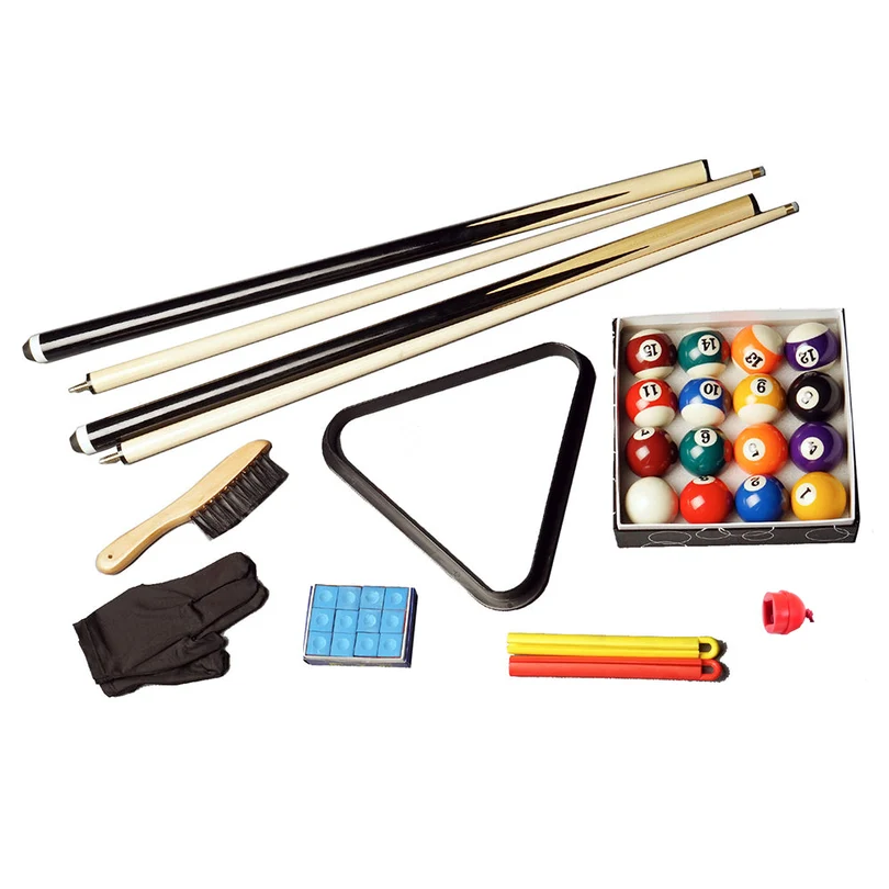 Compact Billiards Snooker Pool Table Accessories Kit Package 1 Compact Billiards accessories kit with pool balls, wooden cues, triangle, brush, chalk and gloves