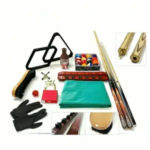 Premium billiard pool table accessories kit with Riley ash cues, pool balls, table cover and accessories