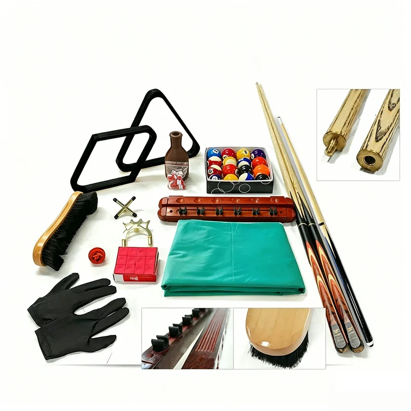 Premium billiard pool table accessories kit with Riley ash cues, pool balls, table cover and accessories