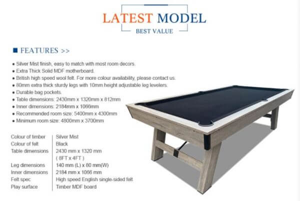 8ft Pool Table Silver Mist