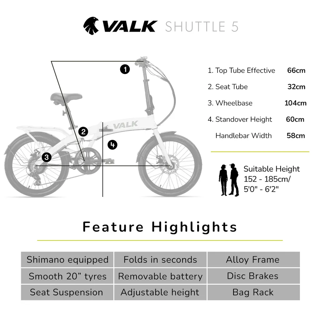 VALK Shuttle 5 Electric Folding Bike, 20" Tyres, Shimano 7-Speed, White 5 VALK Shuttle 5 Electric Folding Bike, 20" Tyres, Shimano 7-Speed, White - Image 5