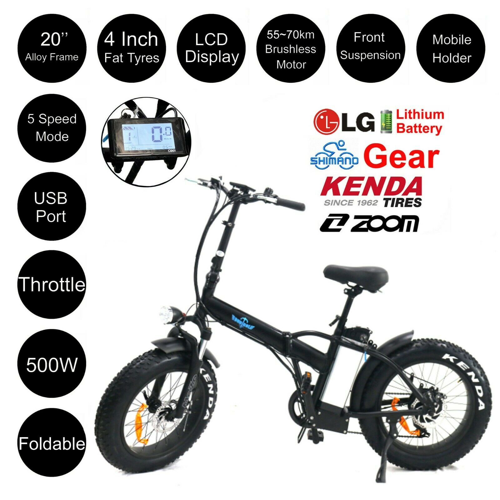 20" 500W Alloy Foldable Electric Mountain Bike Black Throttle Budtrol