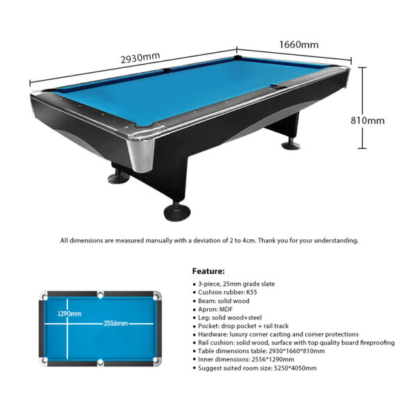 Sailor 9FT Slate Billiard Table Pool Snooker Table – Black Frame - Image 4