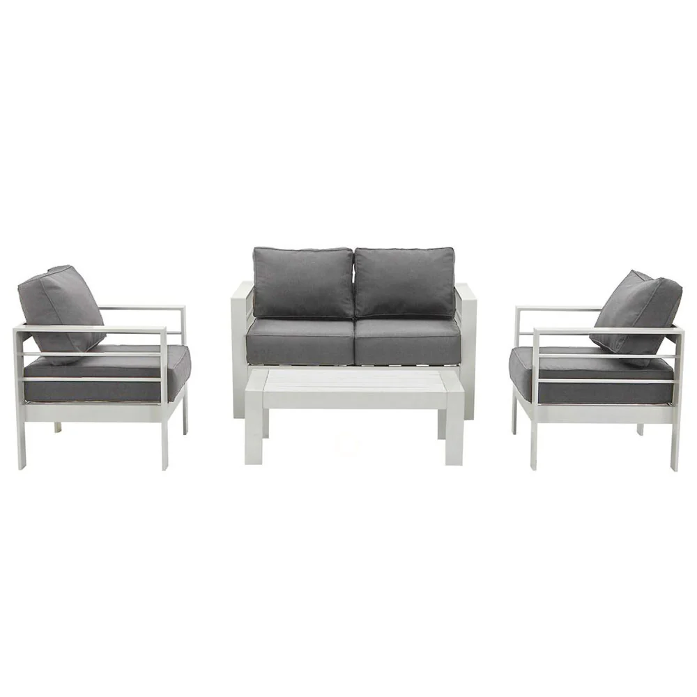 Paris 4 Piece White Aluminium Sofa Lounge Set - Grey Cushion