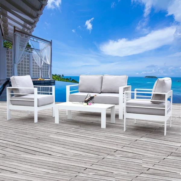 Paris 4 Piece White Aluminium Sofa Lounge Set - Light Grey Cushion - Image 2
