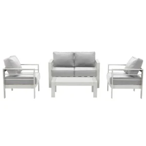 Paris 4 Piece White Aluminium Sofa Lounge Set - Light Grey Cushion