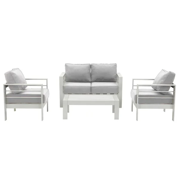 Paris 4 Piece White Aluminium Sofa Lounge Set - Light Grey Cushion
