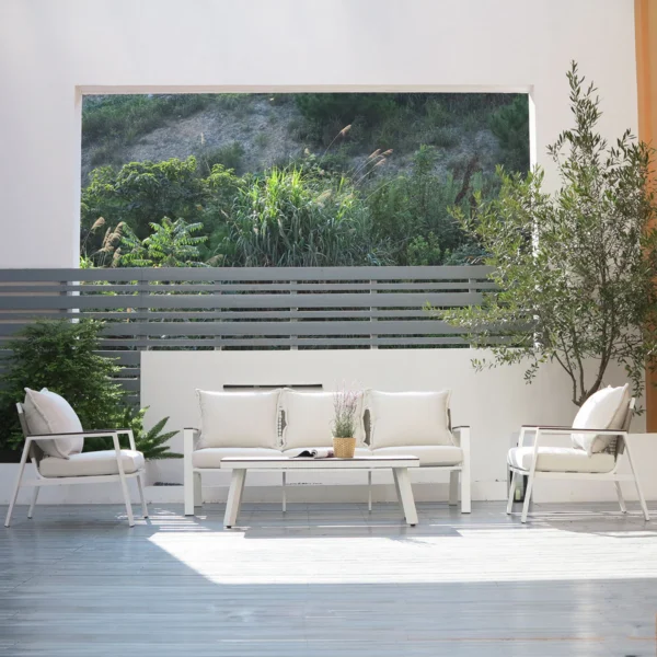 Amilly 5 Seater White Aluminium Sofa Lounge Set - Beige Cushion - Image 5