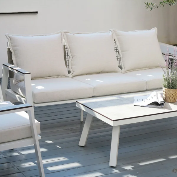 Amilly 5 Seater White Aluminium Sofa Lounge Set - Beige Cushion - Image 6