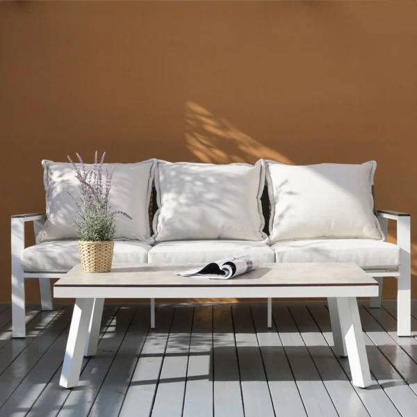 Amilly 5 Seater White Aluminium Sofa Lounge Set - Beige Cushion - Image 7