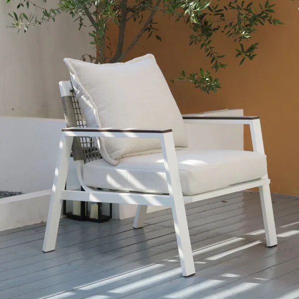 Amilly 5 Seater White Aluminium Sofa Lounge Set - Beige Cushion - Image 10