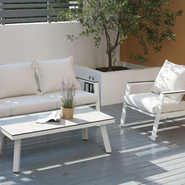 Amilly 5 Seater White Aluminium Sofa Lounge Set - Beige Cushion - Image 13