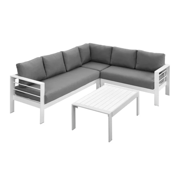 Paris 6 Seater White Aluminium L-Shaped Sofa Lounge Set - Grey Cushion - Image 9