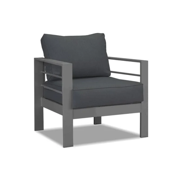 Paris Single Seater Charcoal Aluminium Outdoor Sofa Lounge with Arms - Dark Grey Cushion (Set of 2) - Image 3
