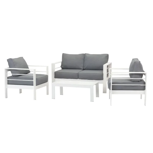 Paris 4 Piece White Aluminium Sofa Lounge Set - Grey Cushion - Image 8