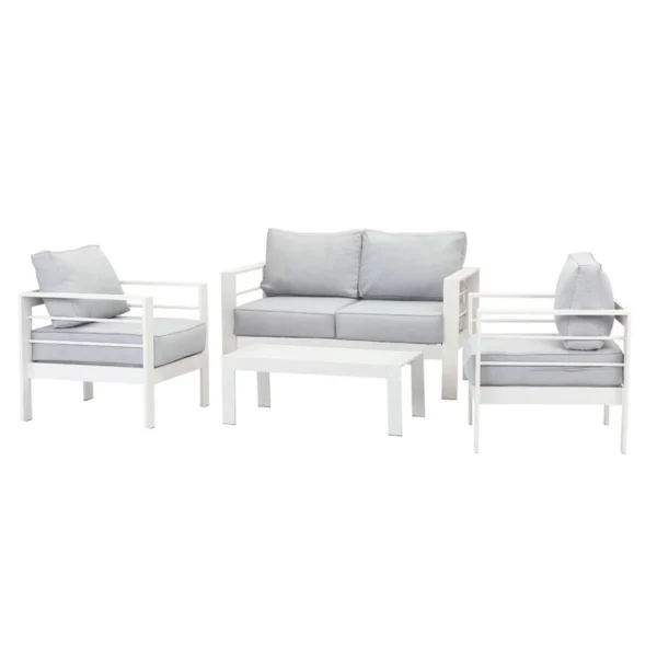 Paris 4 Piece White Aluminium Sofa Lounge Set - Light Grey Cushion - Image 9