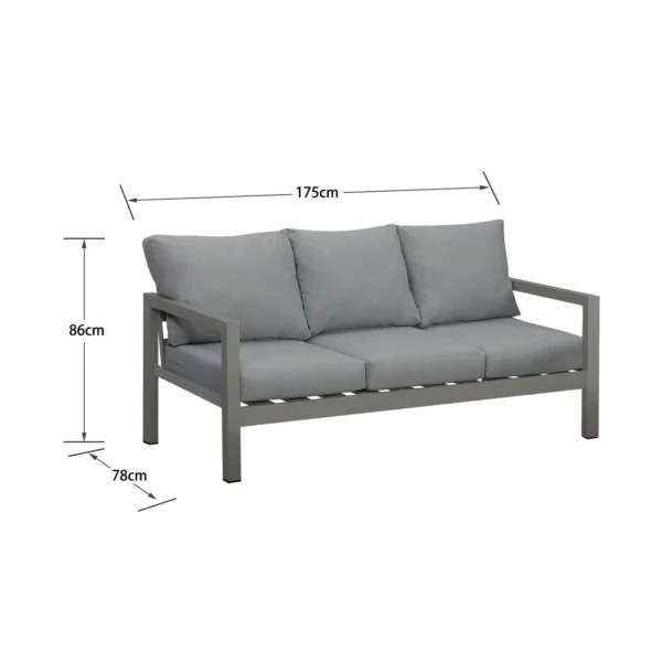 Manly 3 Seater Charcoal Aluminium Outdoor Sofa Lounge with Arms - Grey Cushion - Image 4