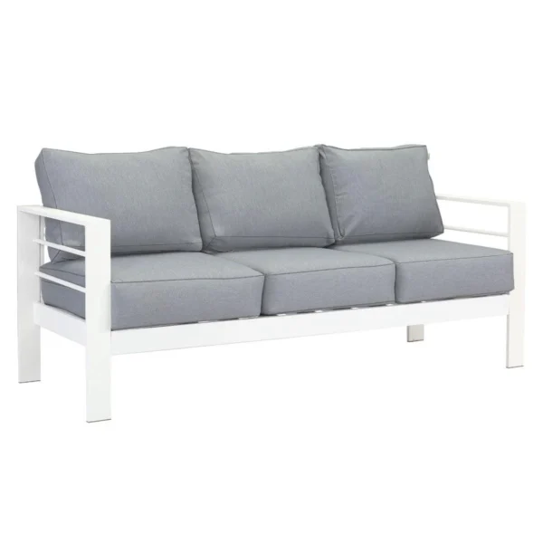 Paris 3 Seater White Aluminium Outdoor Sofa Lounge with Arms - Grey Cushion - Image 6