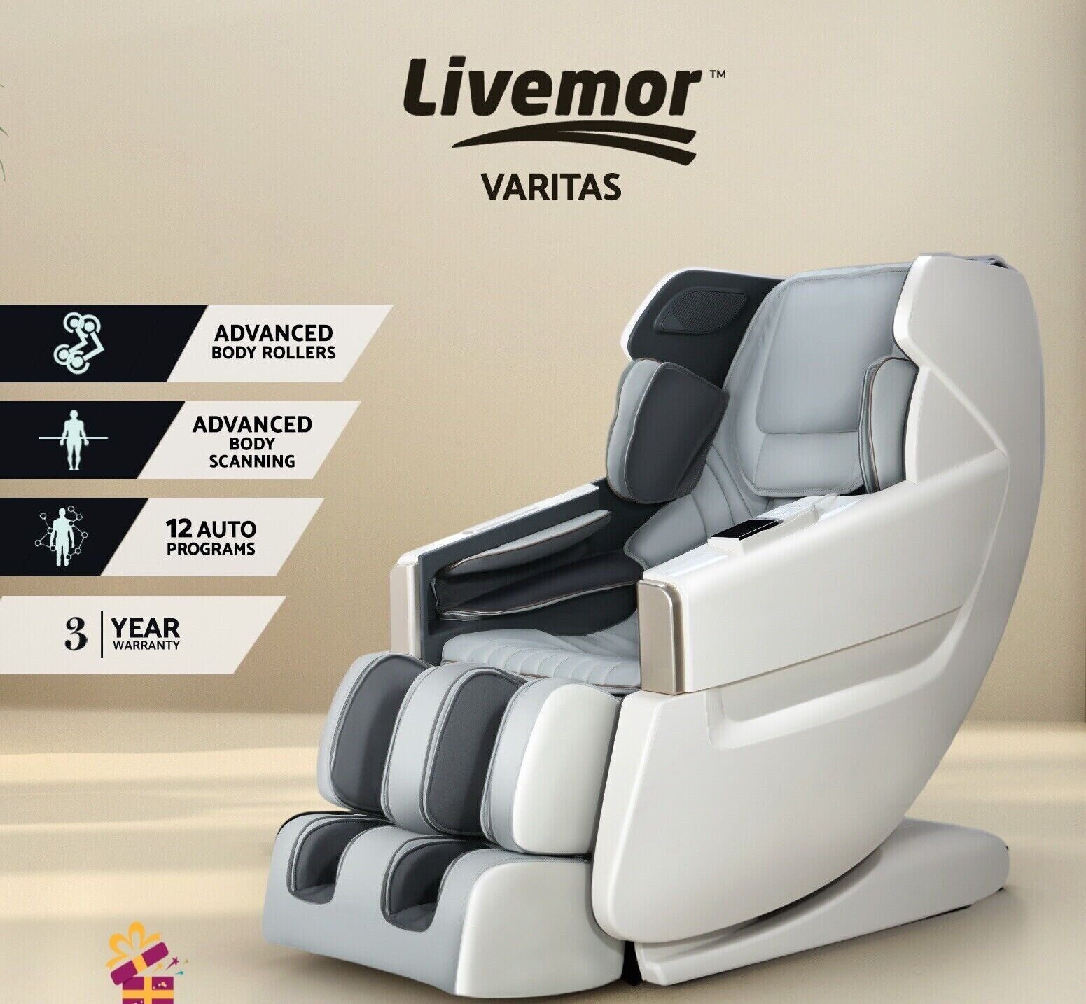 Livemor Massage Chair Electric Recliner SL-track Shiatsu Massager White Varitas