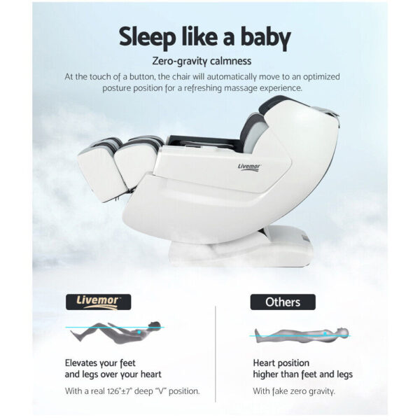 Livemor Massage Chair Electric Recliner SL-track Shiatsu Massager White Varitas - Image 13