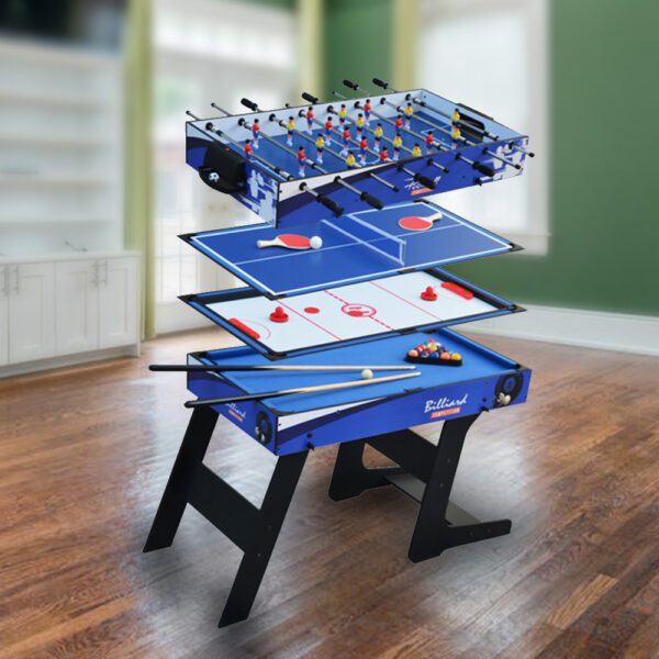 MACE 4FT 4-In-1 MDF Foldable Multifunctional Table For Kids Billiard/Air Hockey/Table Tennis/Football – Black & Blue - Image 2
