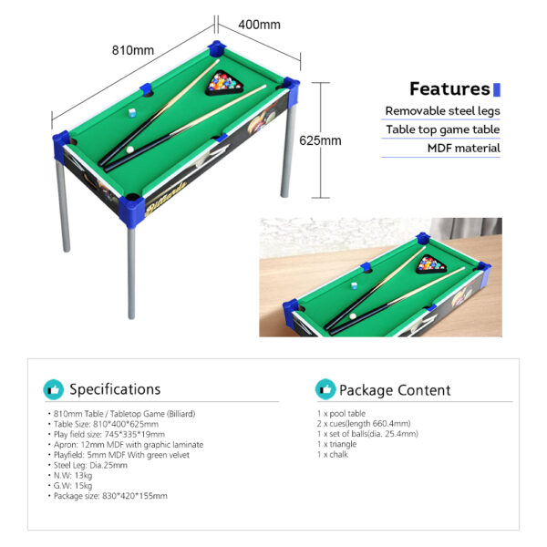 MACE 2Ft 8In Pool Table Black Frame Green Felt With Steel Legs - Image 5