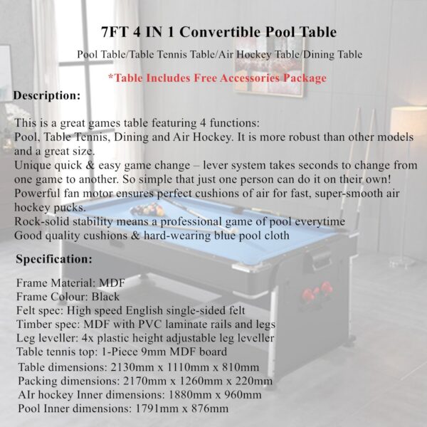 7FT 4IN1 Convertible Pool Table Green - Image 3