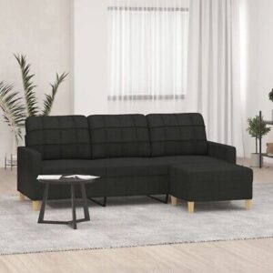 3-Seater Sofa with Footstool - Black Fabric