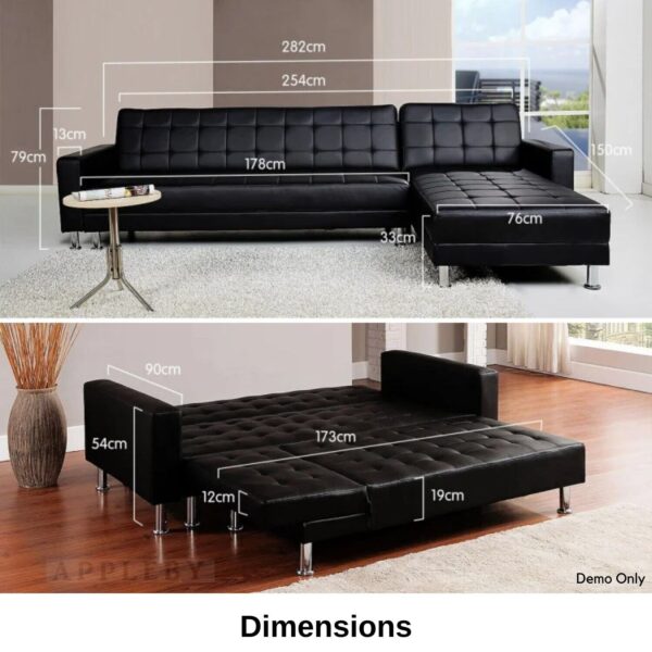 5 Seater Convertible Sofa Bed Faux Leather Sleeper Couch Chaise Lounge Black - Image 2