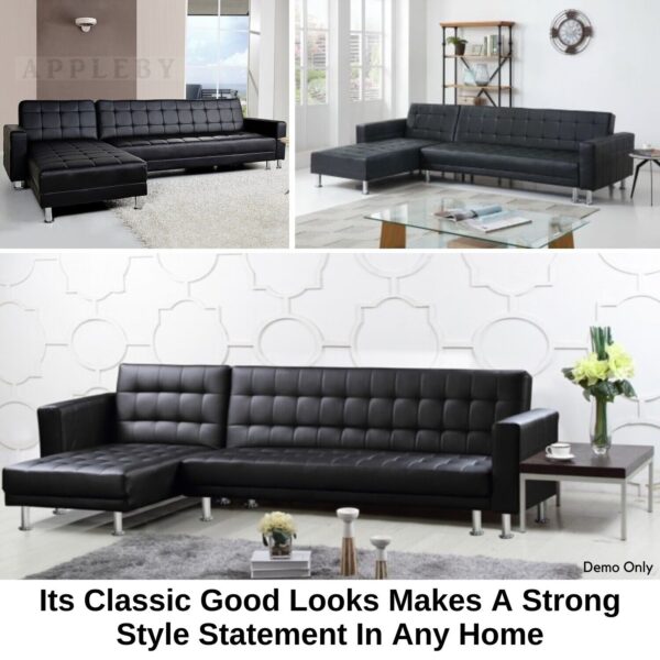 5 Seater Convertible Sofa Bed Faux Leather Sleeper Couch Chaise Lounge Black - Image 3