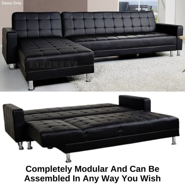 5 Seater Convertible Sofa Bed Faux Leather Sleeper Couch Chaise Lounge Black - Image 5