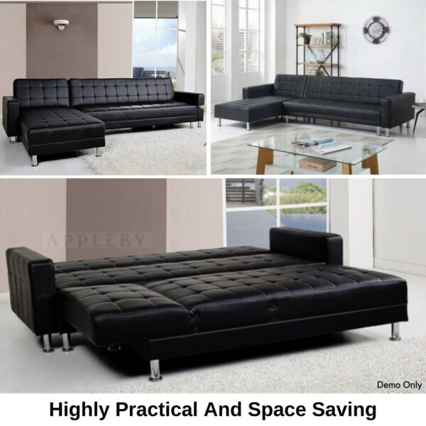 5 Seater Convertible Sofa Bed Faux Leather Sleeper Couch Chaise Lounge Black - Image 6