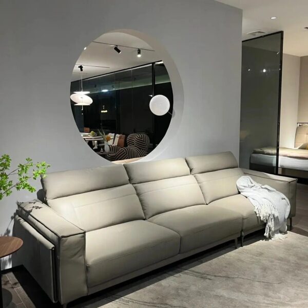 3-seater 100% real leather lounge couch adjustable headrest light grey brand new - Image 3