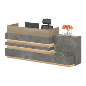 KERAN Office Reception Desk Counter 2.44M Right Panel Walnut & Carbon Grey