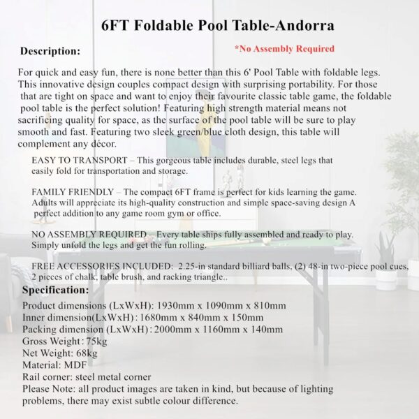 6FT Foldable Pool Table-Andorra | No Assembly Required - Image 3