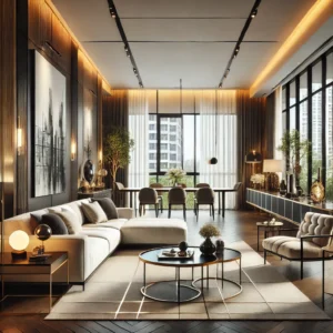 A bright open plan living area featuring sleek modern furniture tasteful decor and warm ambient lighting. The room has a premium high end aestheti