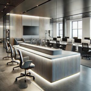 A sleek and contemporary office space with ergonomic furniture large collaborative areas and a stylish reception desk. The room features clean lines min