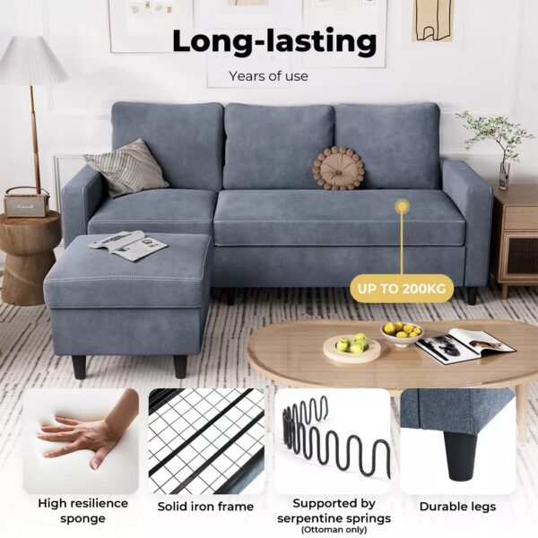 Levede 3 Seater Sofa L-Shaped Convertible Modular Couch Lounge Ottoman 195cm - Image 4