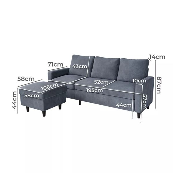 Levede 3 Seater Sofa L-Shaped Convertible Modular Couch Lounge Ottoman 195cm - Image 8