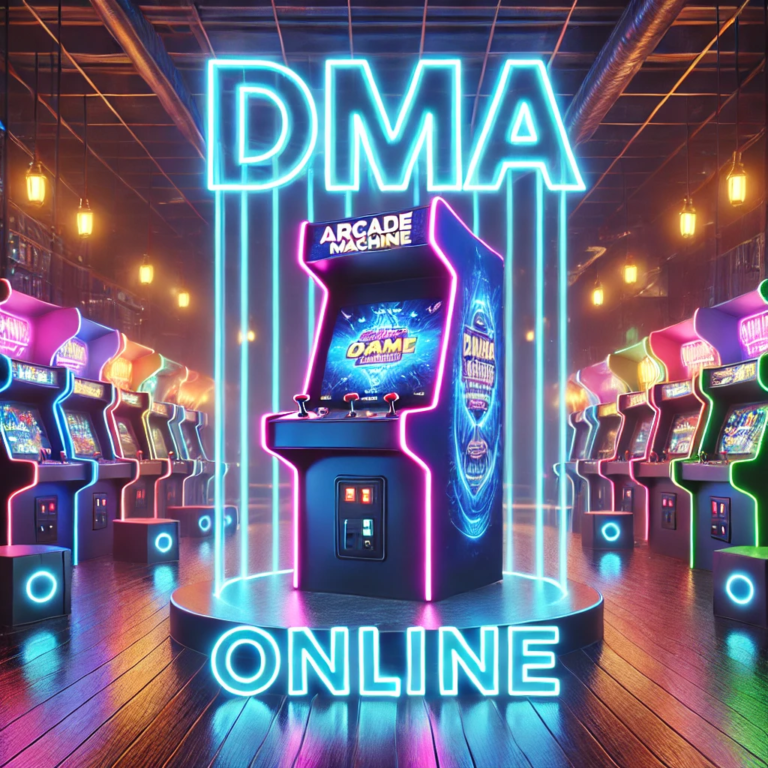 Vibrant Modern Arcade Machines with Neon Lights - DMA Online Gaming Collection