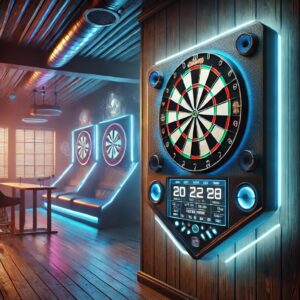 A modern electronic dartboard in a stylish arcade or game room setting.