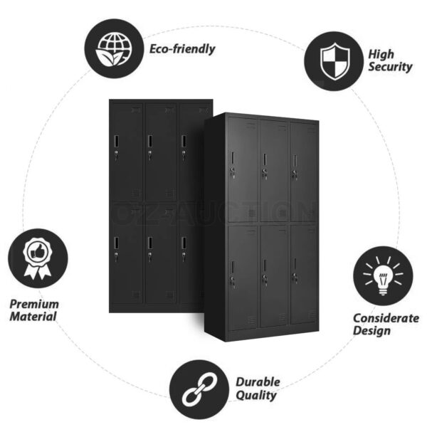 Steel Storage Cabinet 6 Doors Locker Tall Black Heavy Duty Cupboard Furniture - Image 2