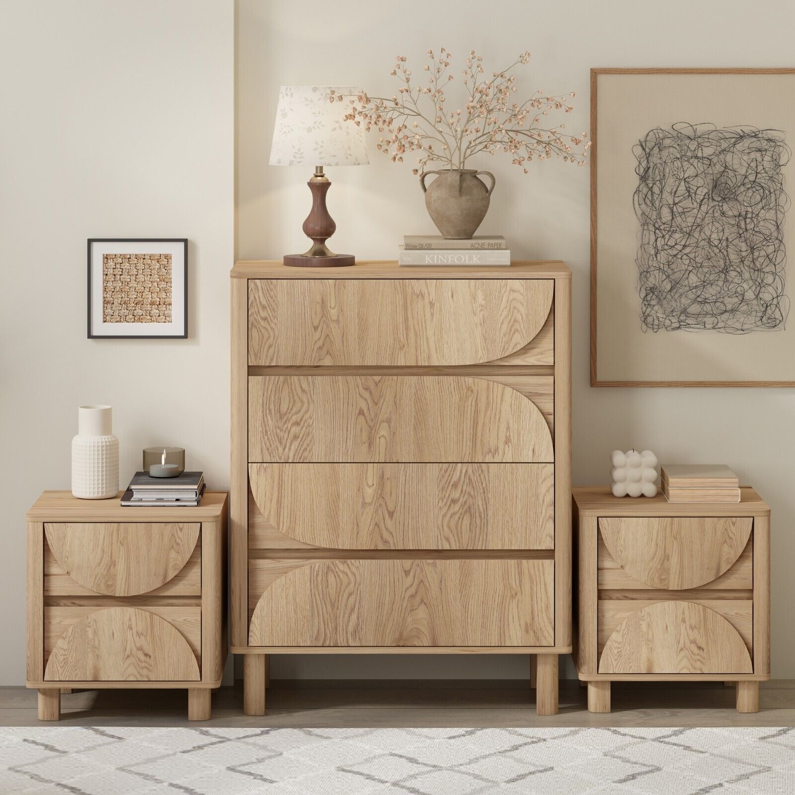 Arched 4 Chest of Drawers Dresser Tallboy and 2 Bedside Tables Bedroom Living