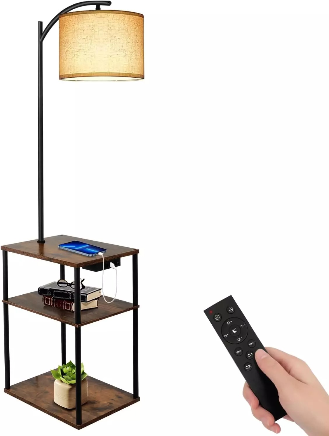 Floor Lamp with Table, Bedside Table with Lamp with USB Ports, 3-Color Temperat