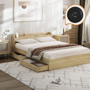 Oikiture Wooden Bed Frame Queen Size with Charging Ports & 2 Drawers