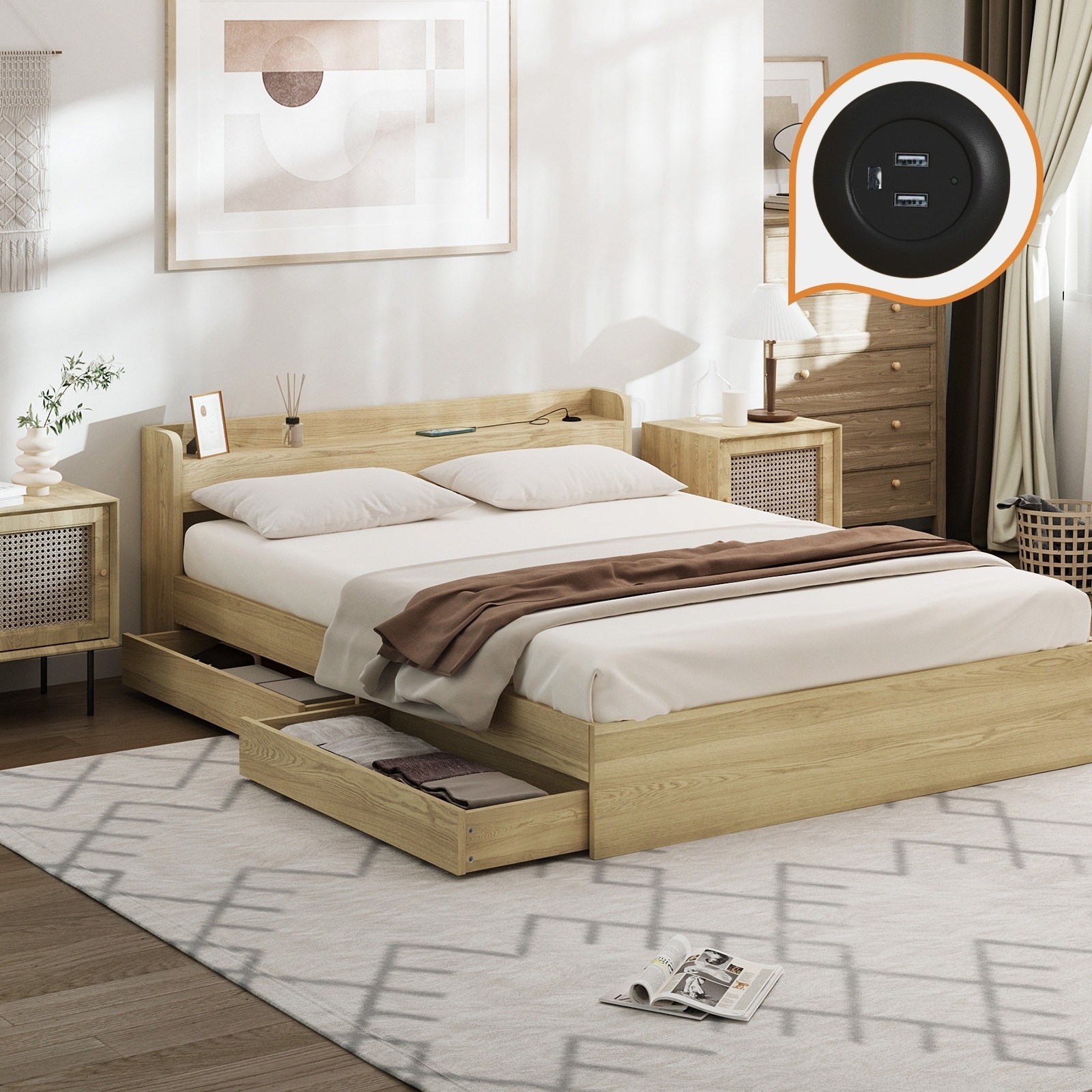Oikiture Wooden Bed Frame Queen Size with Charging Ports & 2 Drawers