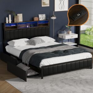Oikiture Bed Frame Queen Size with LED Storage Bedhead 4 Drawers USB Charge