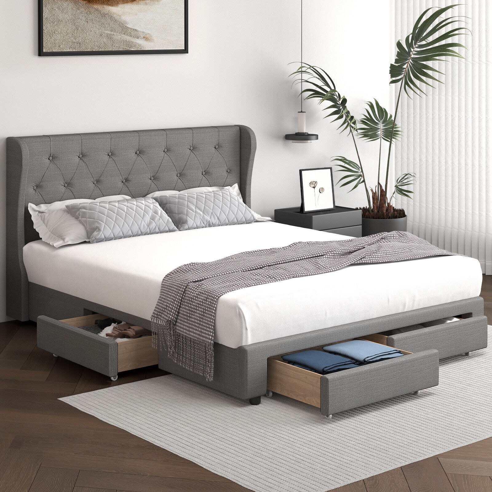 Oikiture Bed Frame Queen Double King Size Base With Storage Drawers