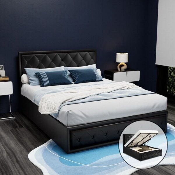 Artiss Bed Frame QUEEN Size Gas Lift Storage Mattress Base Wooden Black TIYO